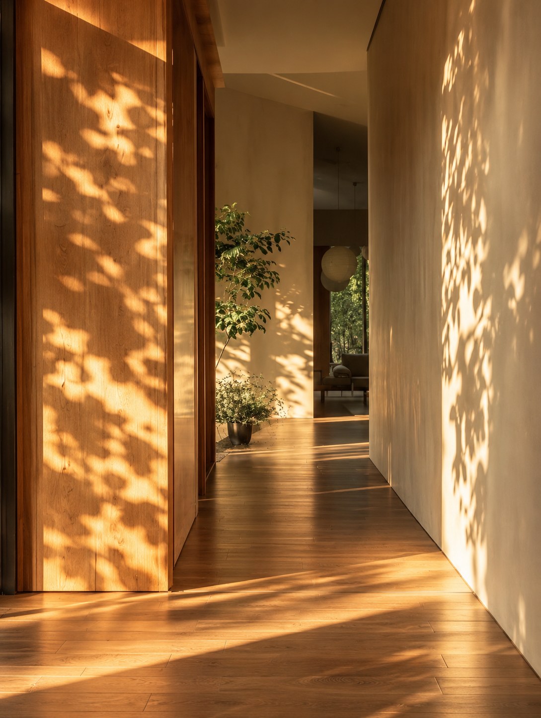 Zonnige hal met een hoge houten wand en houten vloer, waar het licht door de bladeren gevlekte schaduwen op de muren werpt, met potplanten bij de doorgang naar een lichte zitkamer